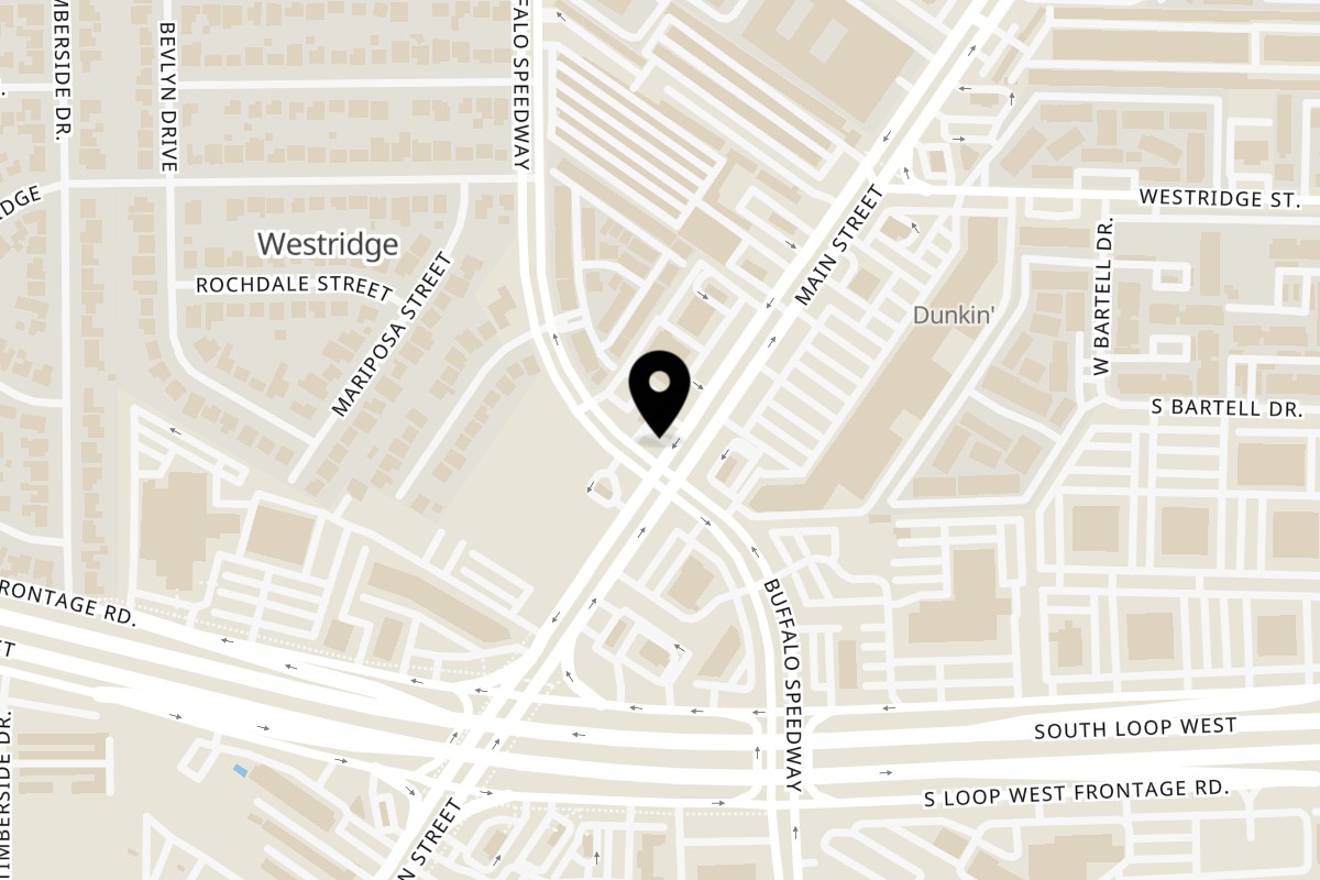Map showing the location of Clutch City Cluckers South Main on 9598 S Main St in Houston